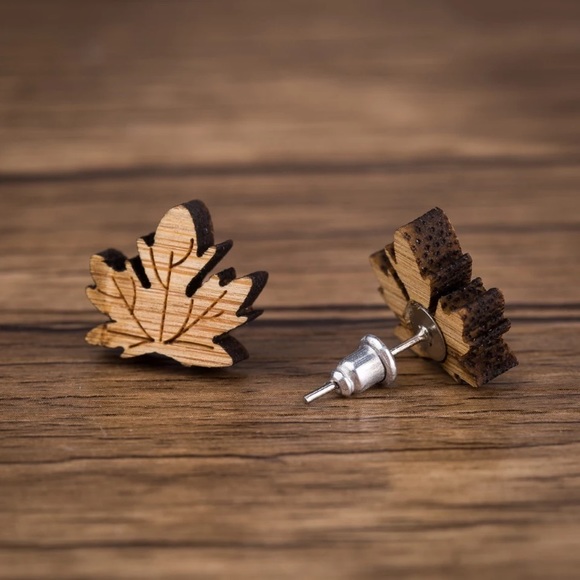 Urban Outfitters Jewelry - Handmade Maple Leaf Vintage Wood Stud Earrings